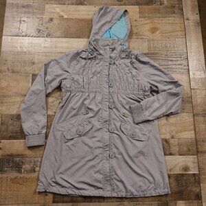 Athleta Long Hooded Rain Jacket Women’s Size L Gray Aqua Lining Drawstring Waist